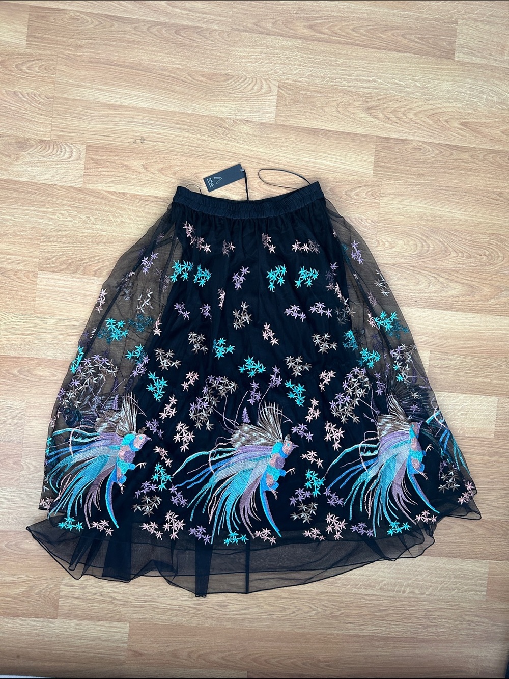 Black Embroidered Mesh A-Line Skirt w Pastel Fish Motif tulle skirt Anthro